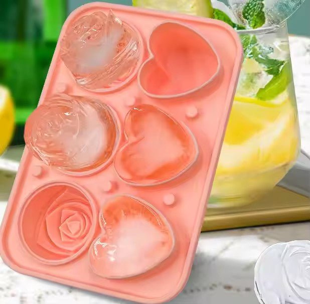 Rose & Heart Shape Silicone Ice Ball Mold, 6 - Grid - XUANMAN